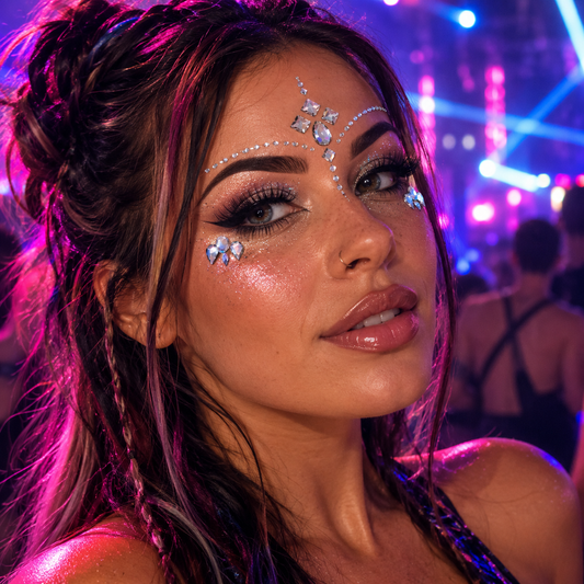 Woman wearing Harmonia silver rhinestone festival face gems at a neon rave