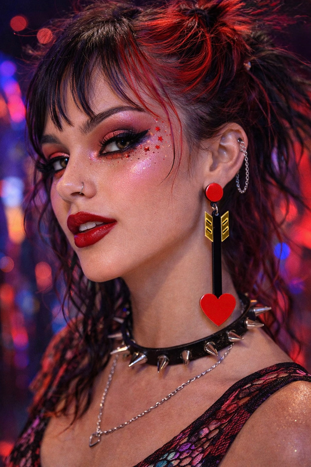 Model wearing heart arrow earrings festival outfit UK