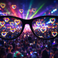 POV through heart diffraction glasses showing colourful love heart light effects at a festival with lasers