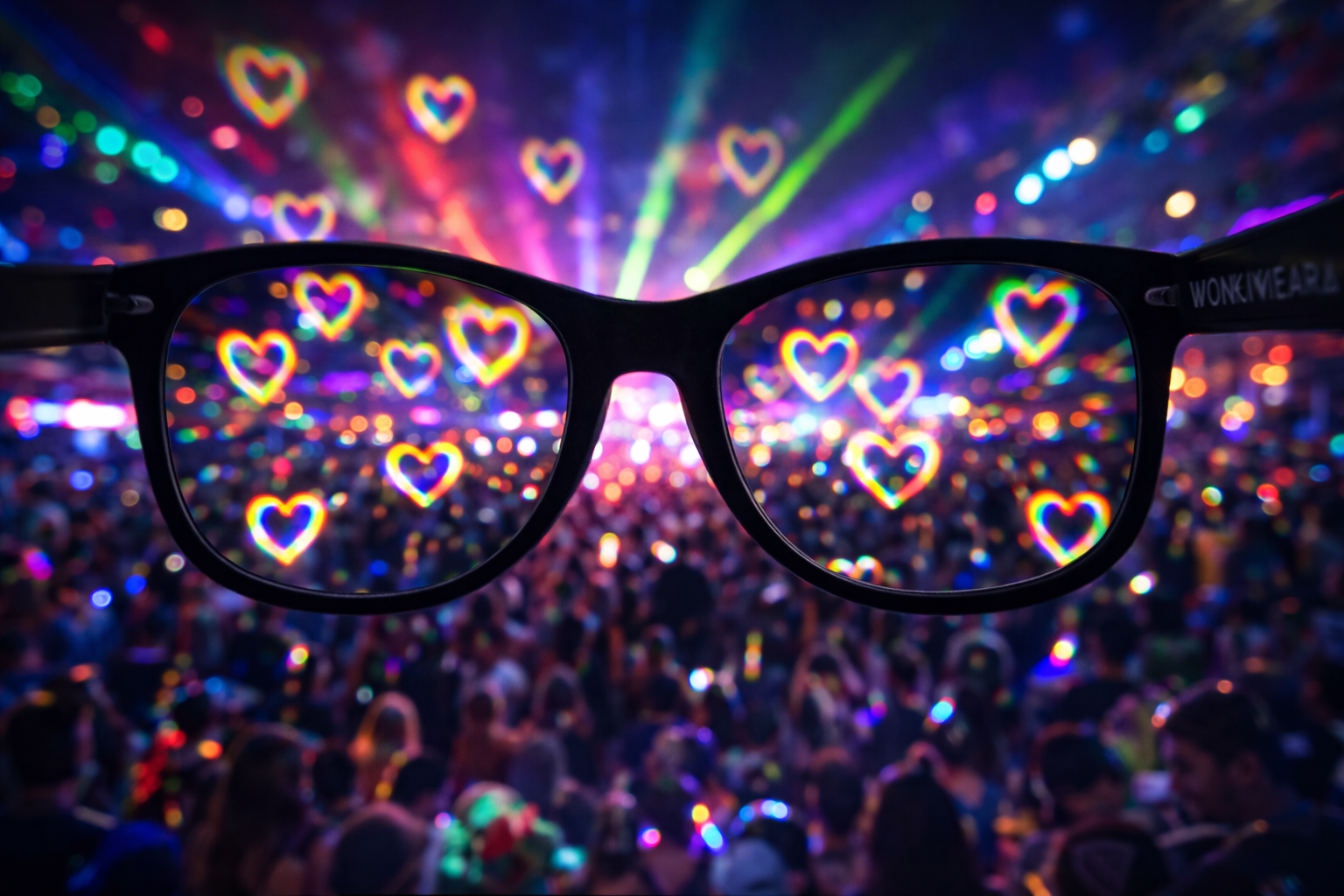 POV through heart diffraction glasses showing colourful love heart light effects at a festival with lasers
