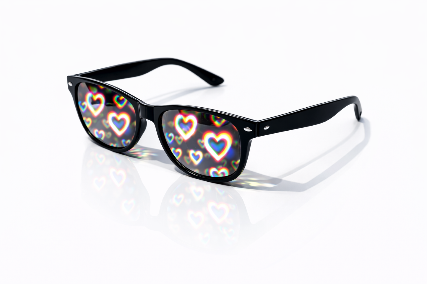 Black frame heart diffraction glasses creating rainbow love heart light effects on a white background