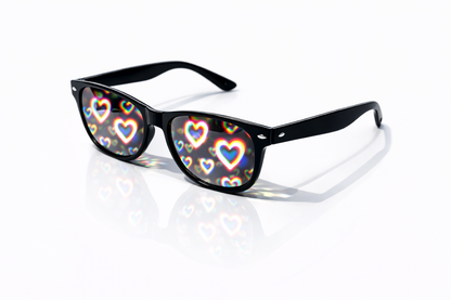 Black frame heart diffraction glasses creating rainbow love heart light effects on a white background