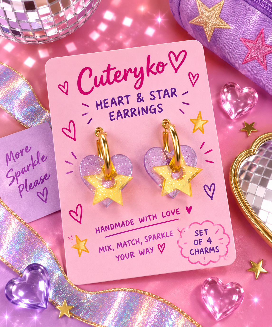 Heart and Star hoop earrings with translucent lilac heart and glittery gold star charms by Cuteryko