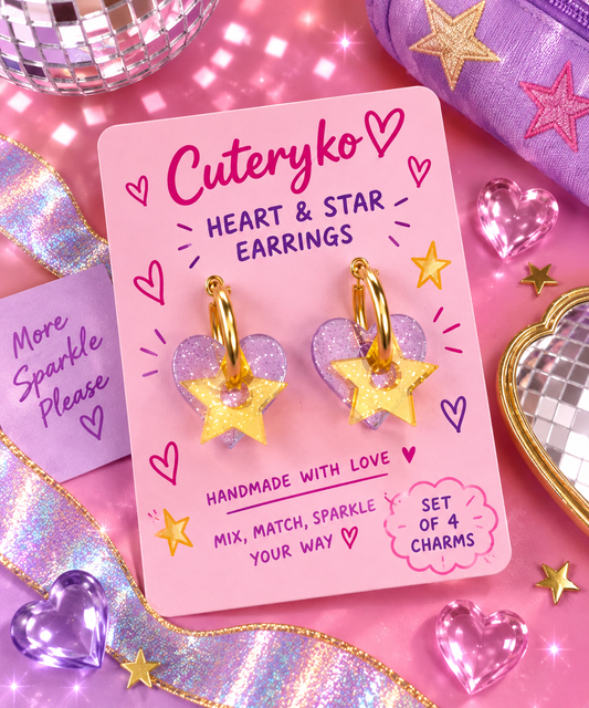 Heart and Star hoop earrings with translucent lilac heart and glittery gold star charms by Cuteryko