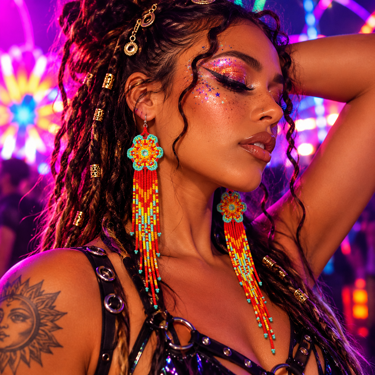 Woman wearing colourful hippie flower beaded fringe earrings at a neon rave festival 