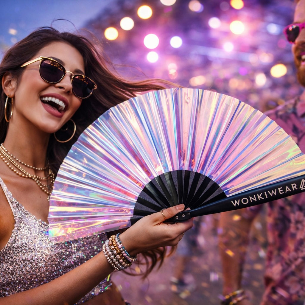 Woman smiling and holding holographic festival fan at party with colourful lighting