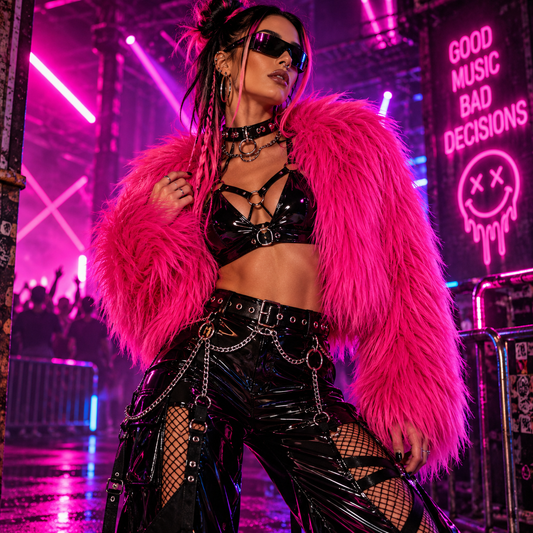 Hot pink faux fur rave jacket styled with alternative festival clothing at an underground neon rave