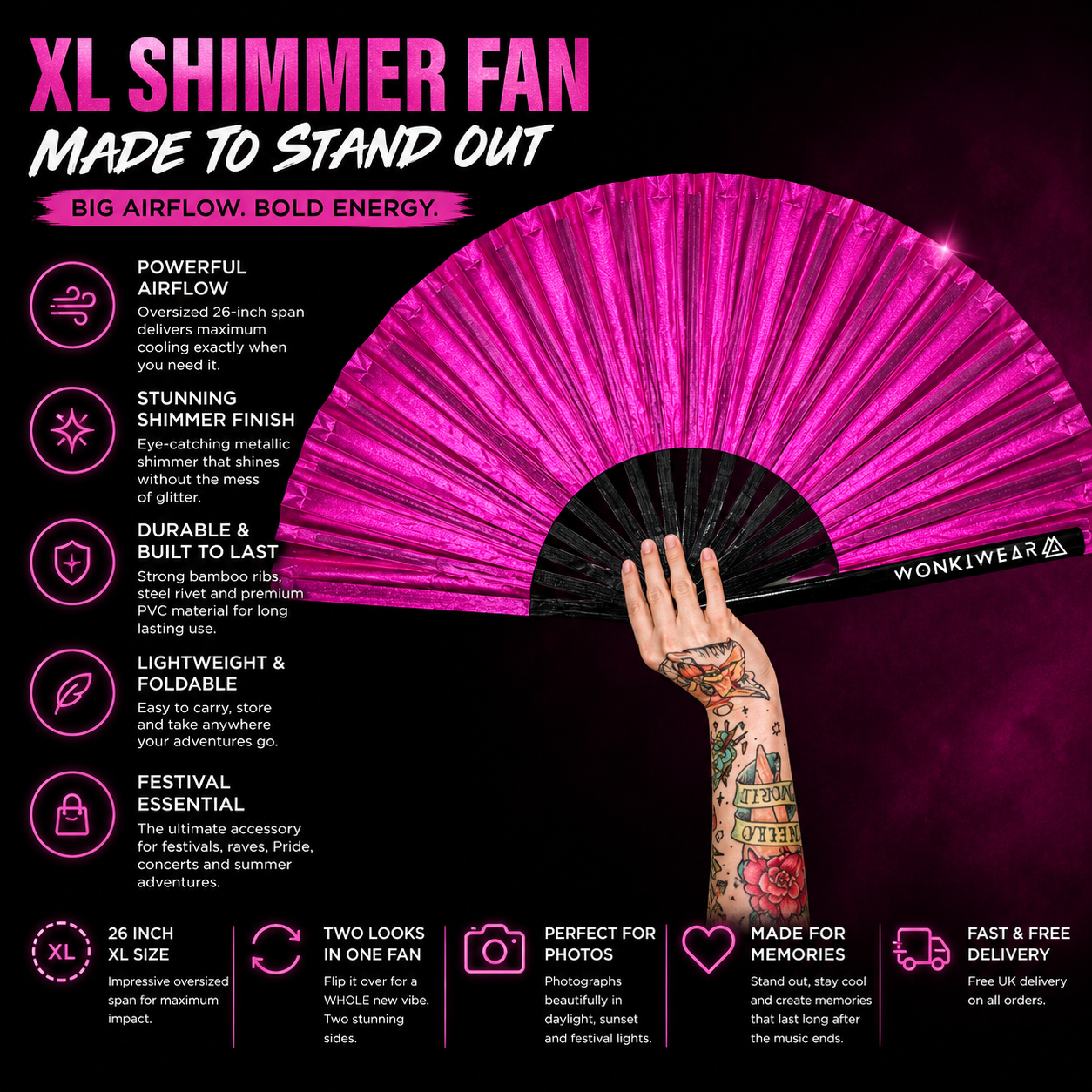 Benefits infographic showing features of WonkiWear hot pink shimmer festival fan