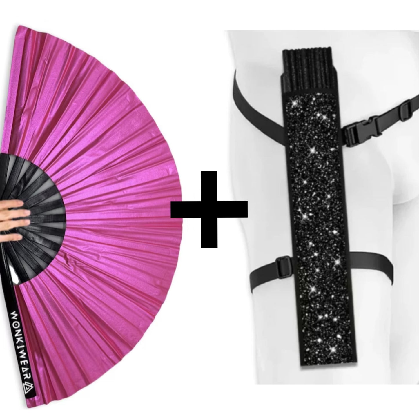 WonkiWear hot pink shimmer festival fan with matching black fan holster