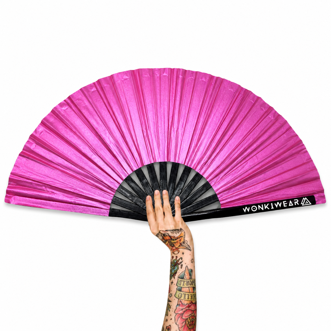 XL hot pink shimmer festival fan with black bamboo ribs and WonkiWear logo