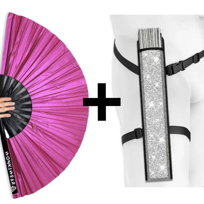 WonkiWear hot pink shimmer festival fan with matching silver fan holster