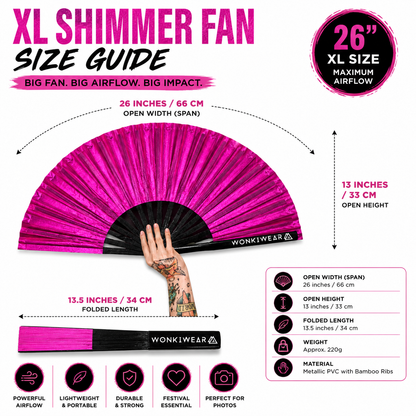 Size infographic showing 26 inch dimensions of XL hot pink shimmer festival fan