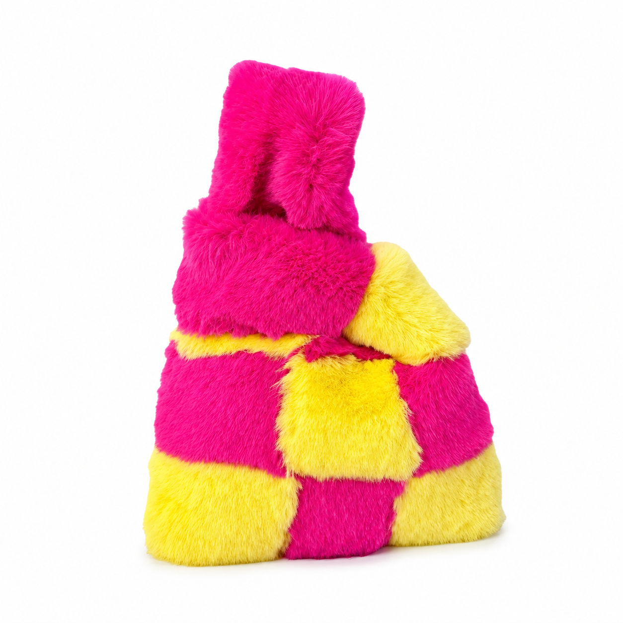 Close up texture detail of hot pink and yellow faux fur checkerboard handbag