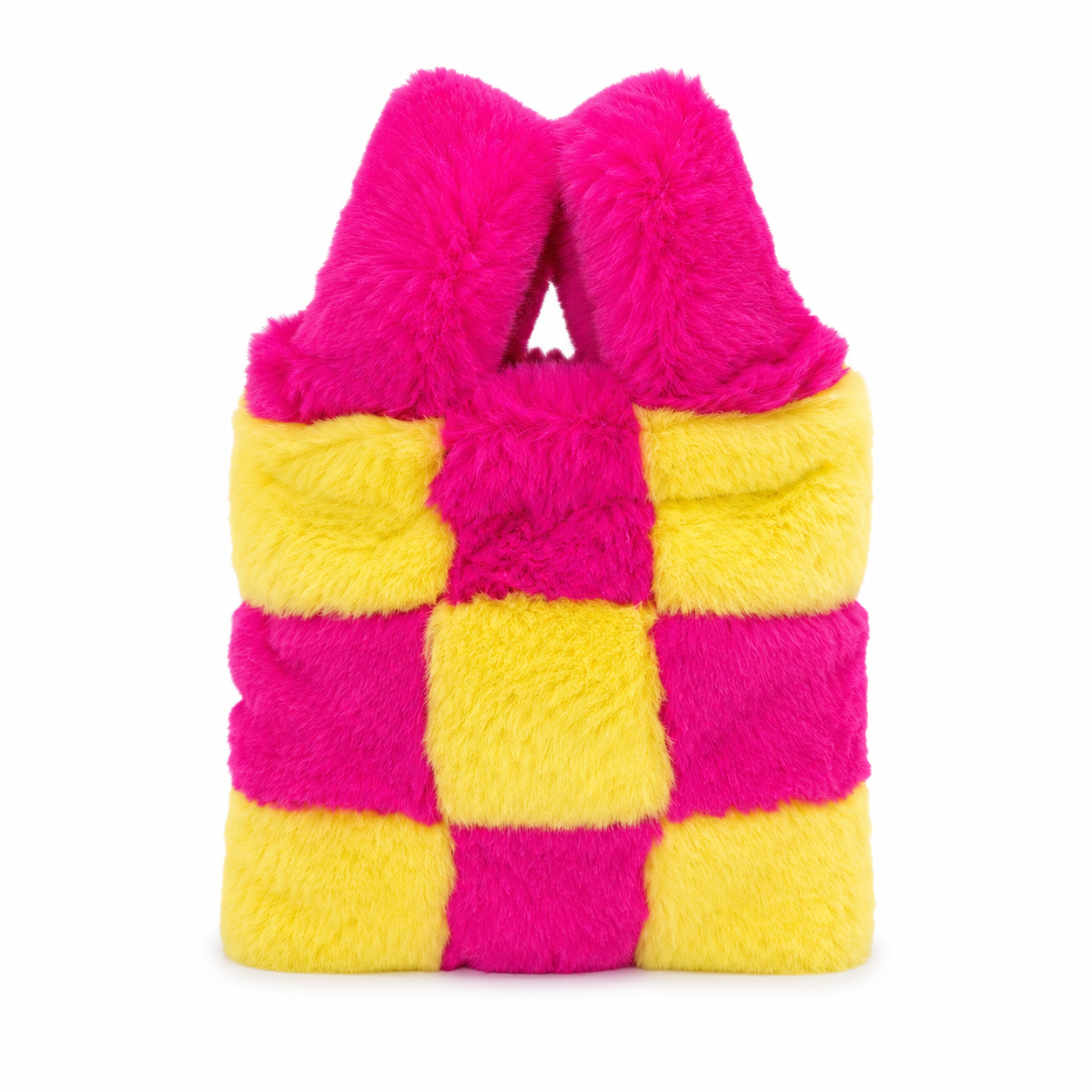 Hot pink and neon yellow fluffy checkerboard faux fur wristlet festival bag