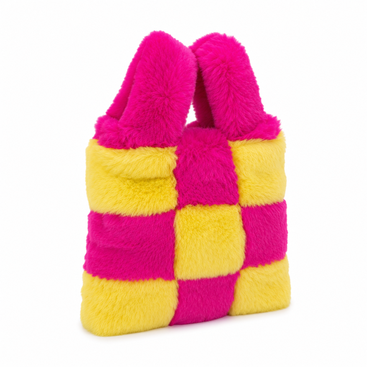 Side angle of hot pink and yellow faux fur checkerboard wristlet handbag