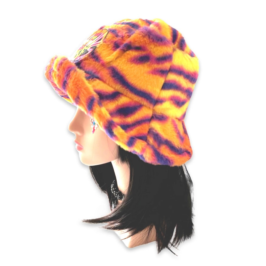 Handmade neon tiger stripes furry bucket hat - Good vibes