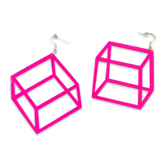 Earrings - Minimalist 3d Illusion Box, Neon Pink
