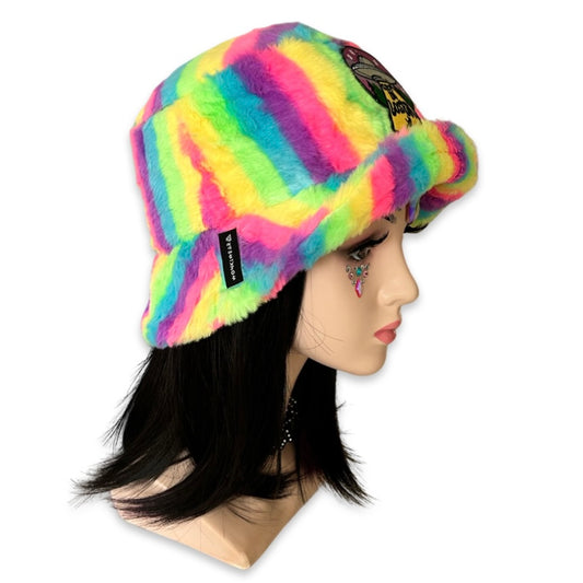 Handmade neon stripes furry bucket hat - Get in loser