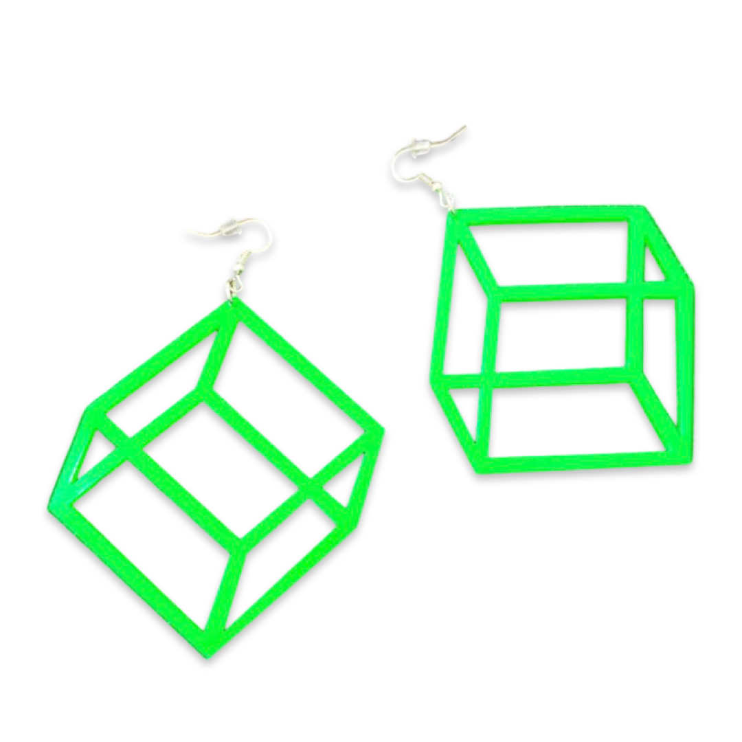 Earrings - 3d Illusion Box, Neon Green