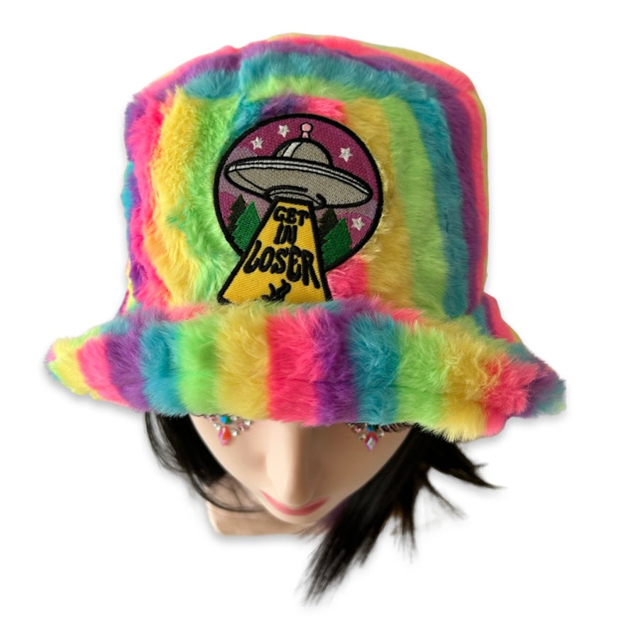 Handmade neon stripes furry bucket hat - Get in loser