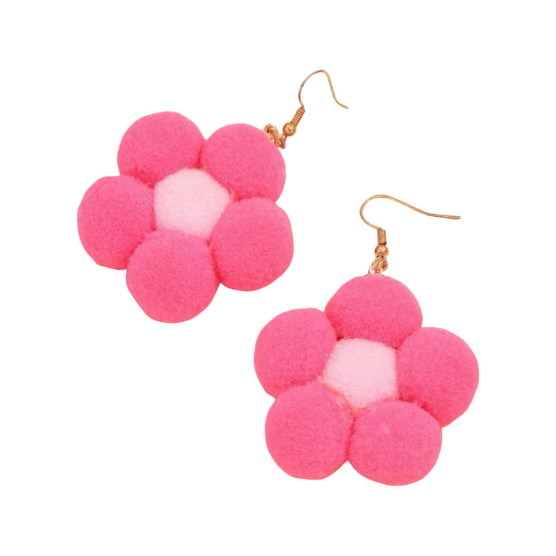 Earrings - Pompom daisy flower drops, Pink