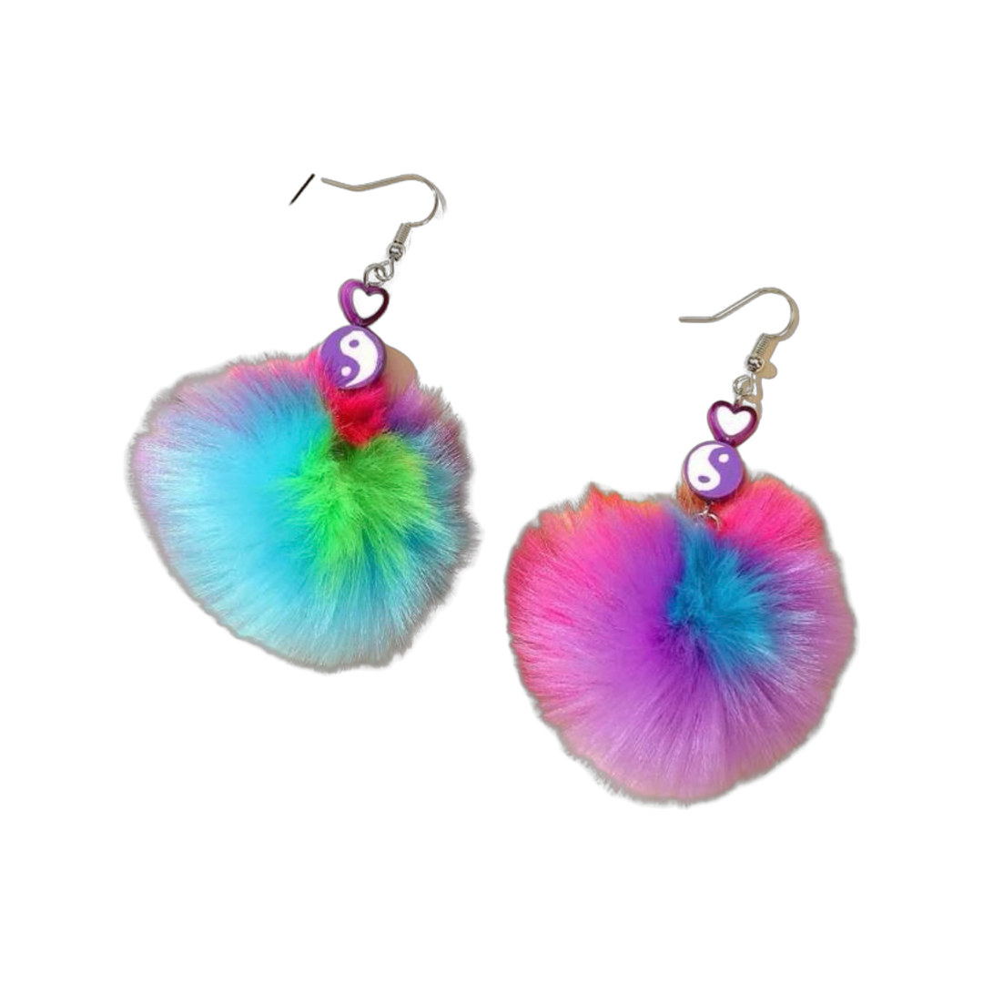 Earrings - Big Fluffy Pompom drops, Multicoloured Yinyang