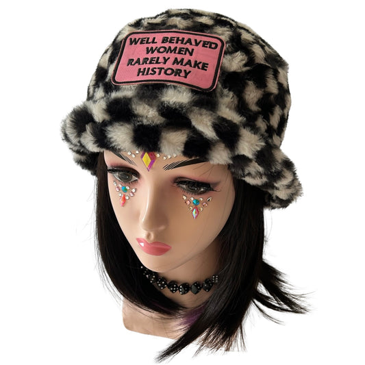 Handmade chequered black and white furry bucket hat - Well behaved women