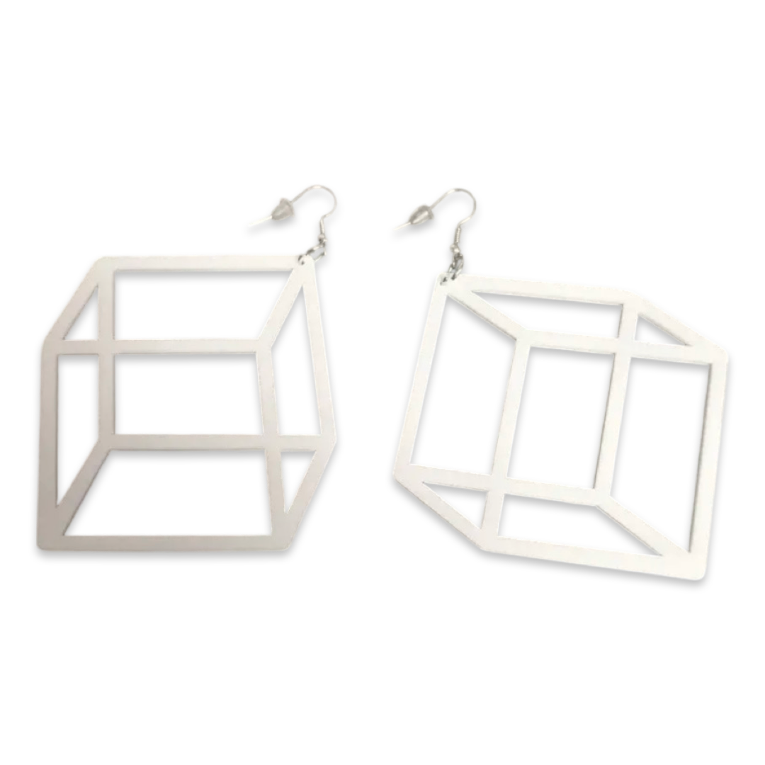 Earrings - Minimalist 3d Illusion Box, White