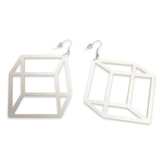 Earrings - Minimalist 3d Illusion Box, White