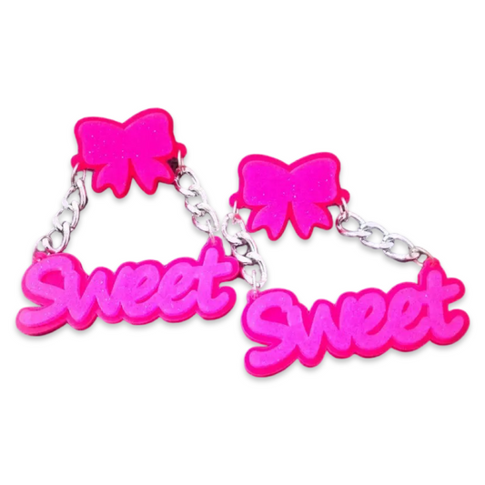 Earrings - Oversized pink sweet sign drops