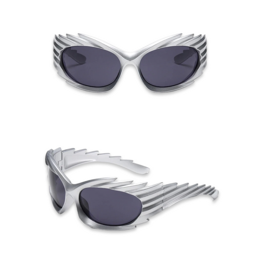 Sunglasses - Futuristic Spikey Ridged Glasses, Silver