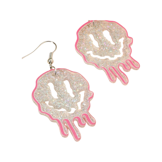 Earrings - Glitter Pink Dripping Smiley drops