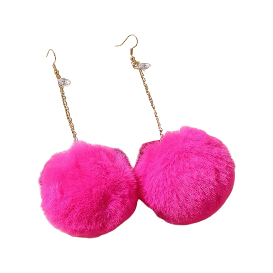 Earrings - Big Pompom drops, Hot Pink
