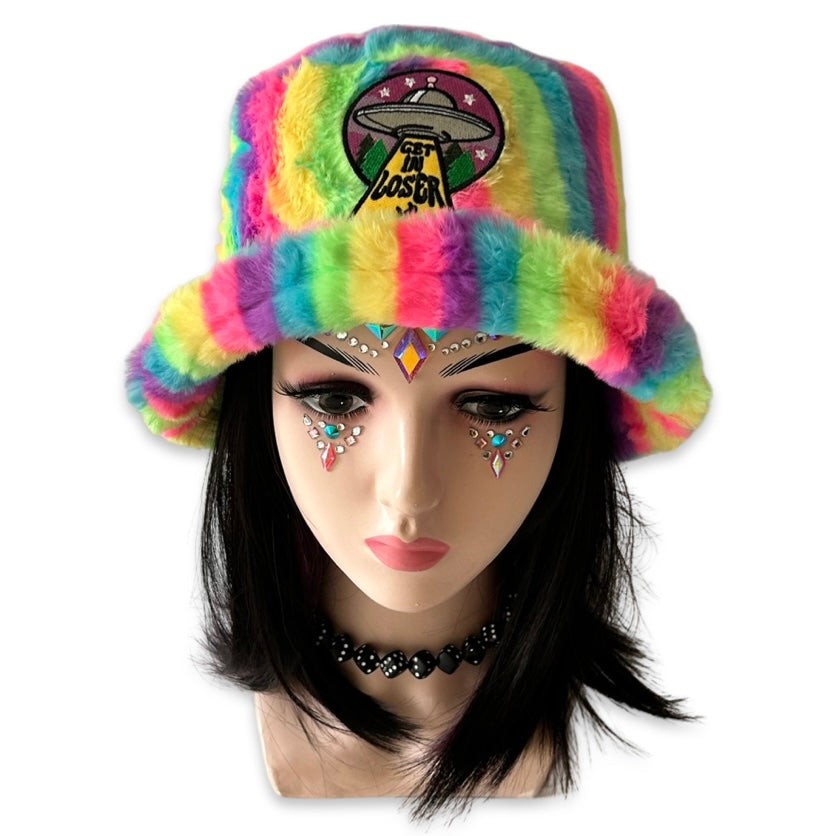 Handmade neon stripes furry bucket hat - Get in loser