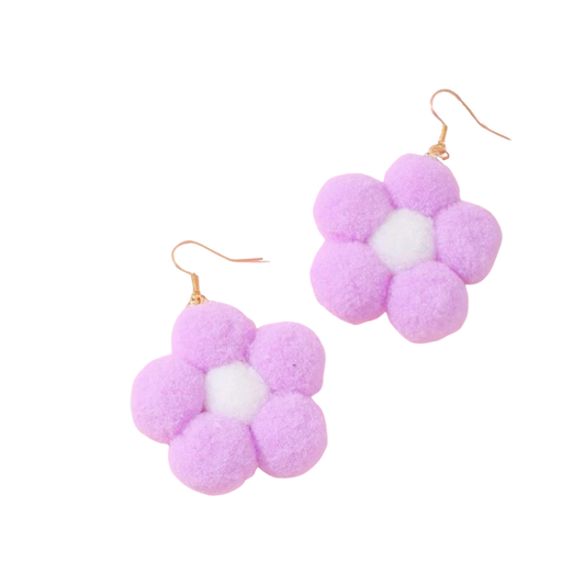 Earrings - Pompom daisy flower drops, Lilac & white
