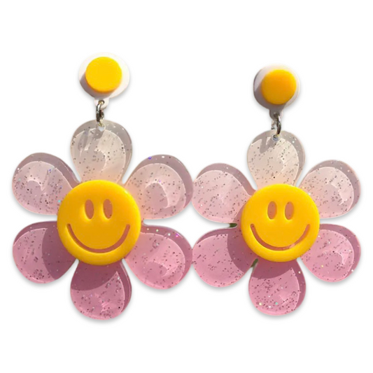 Earrings - Oversized daisy flower drops, glitter pink & white gradient