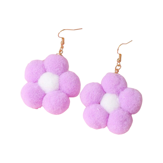 Earrings - Pompom daisy flower drops, Lilac & white