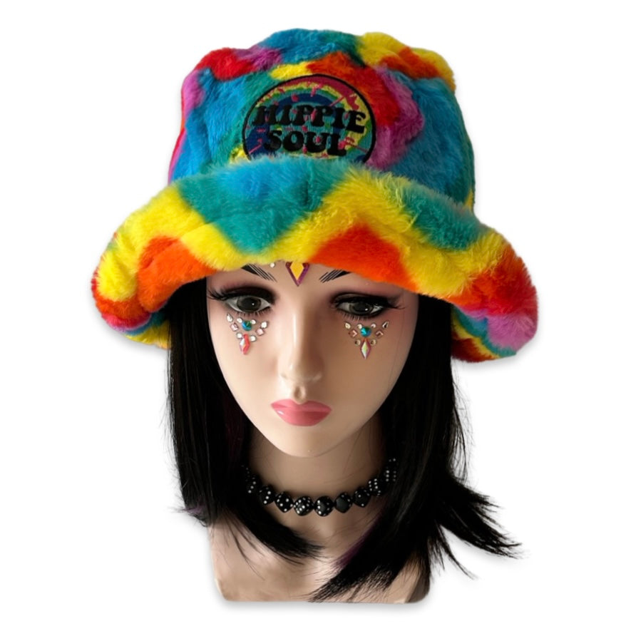 Handmade rainbow swirls furry bucket hat - Hippie Soul