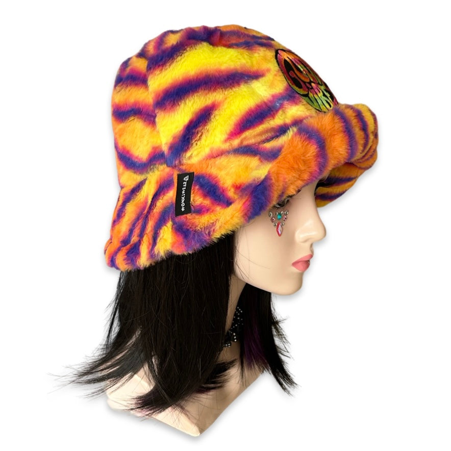 Handmade neon tiger stripes furry bucket hat - Good vibes