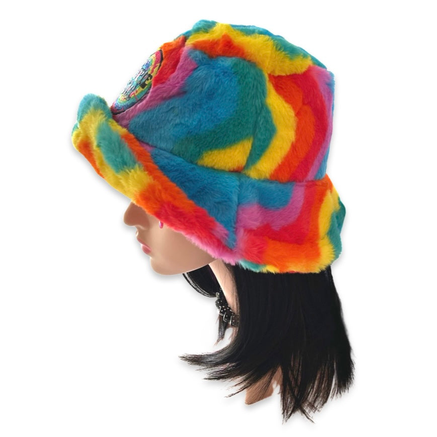 Handmade rainbow swirls furry bucket hat - Hippie Soul