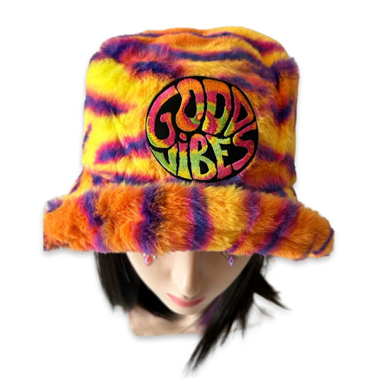 Handmade neon tiger stripes furry bucket hat - Good vibes