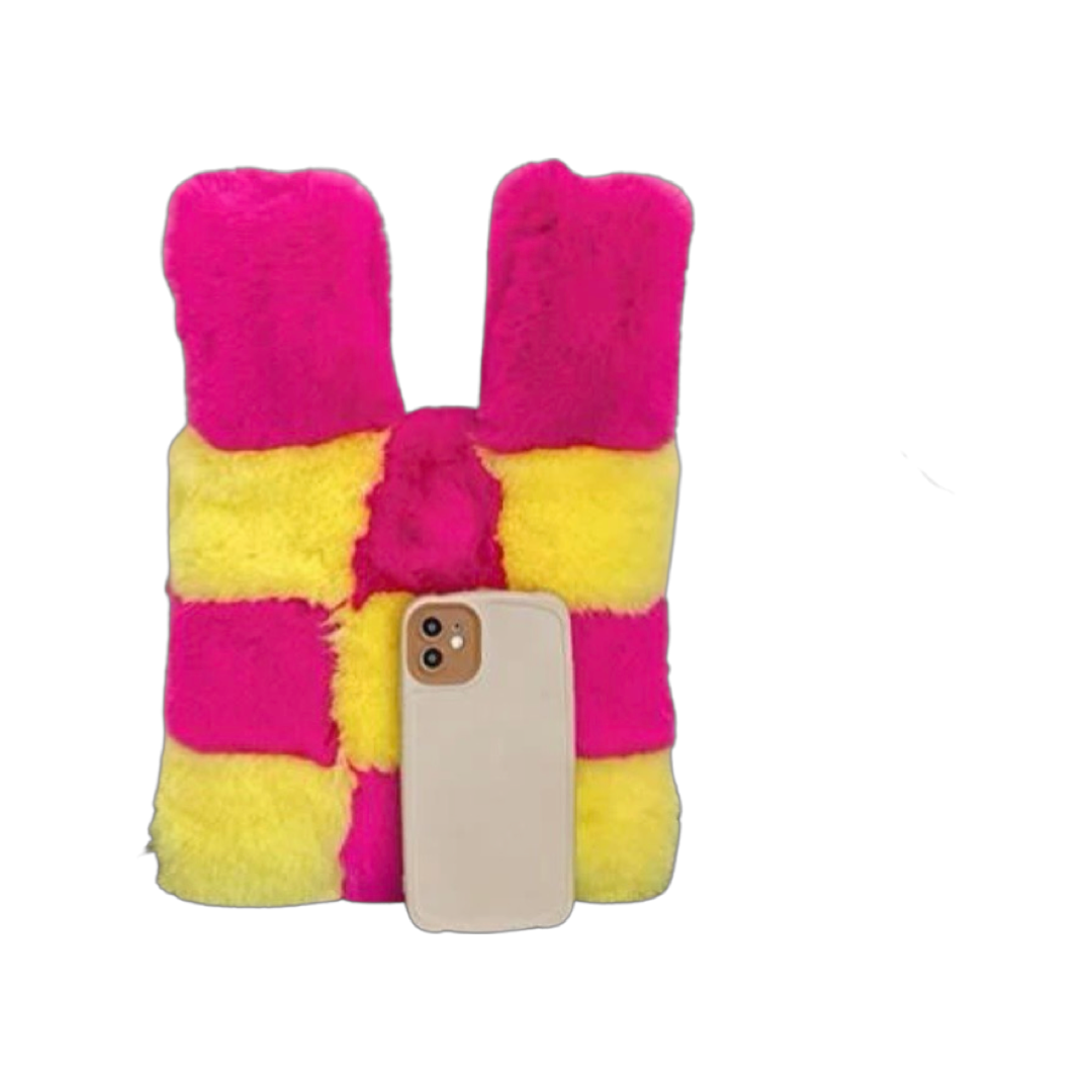 Small Faux Fur Wristlet Tote Handbag - Chequered Hot Pink & Yellow