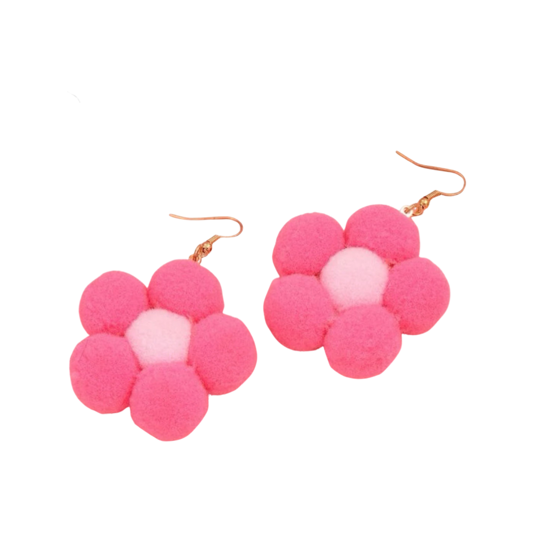 Earrings - Pompom daisy flower drops, Pink
