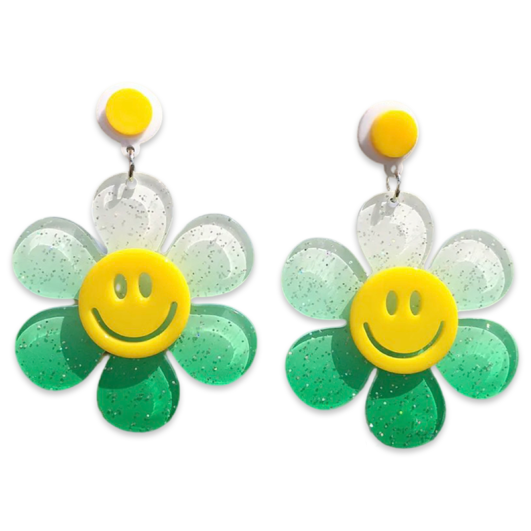 Earrings - Oversized daisy flower drops, glitter green & white gradient