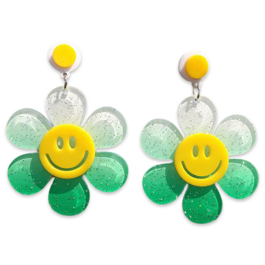 Earrings - Oversized daisy flower drops, glitter green & white gradient