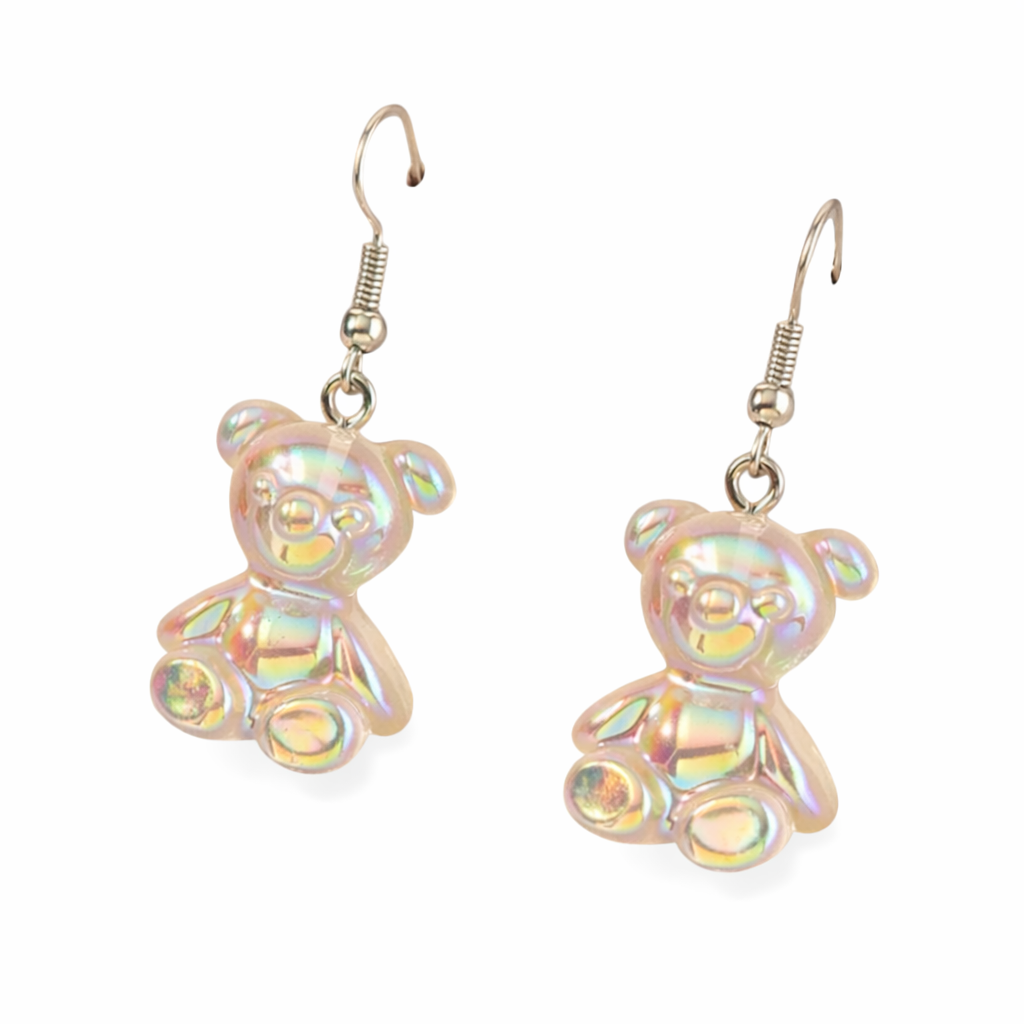 Iridescent bear drop earrings holographic festival jewellery UK