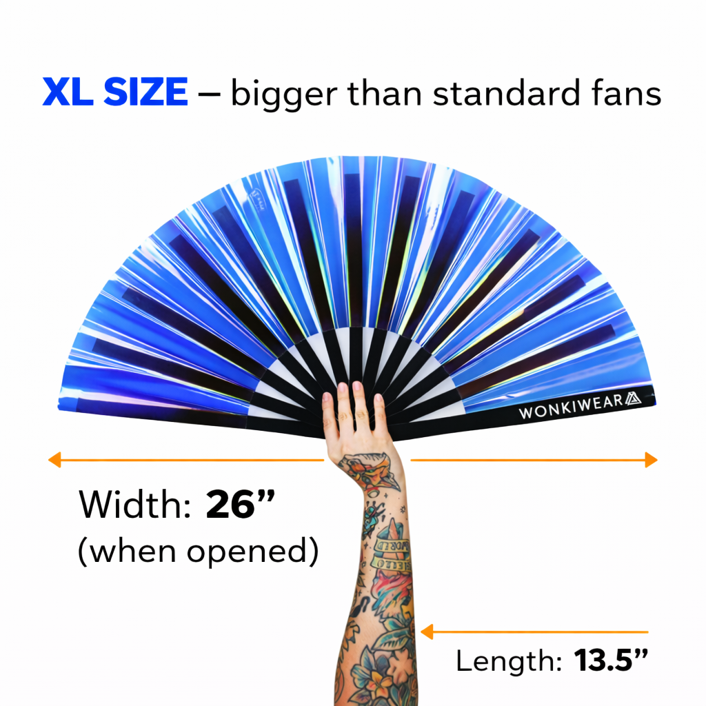 Blue iridescent festival fan UK holographic rave fan Size
