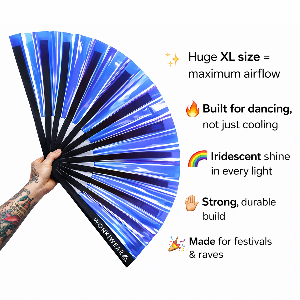 XL blue WonkiWear hand fan UK festival accessory
