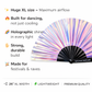 Iridescent festival fan features including large XL size strong build and holographic shine