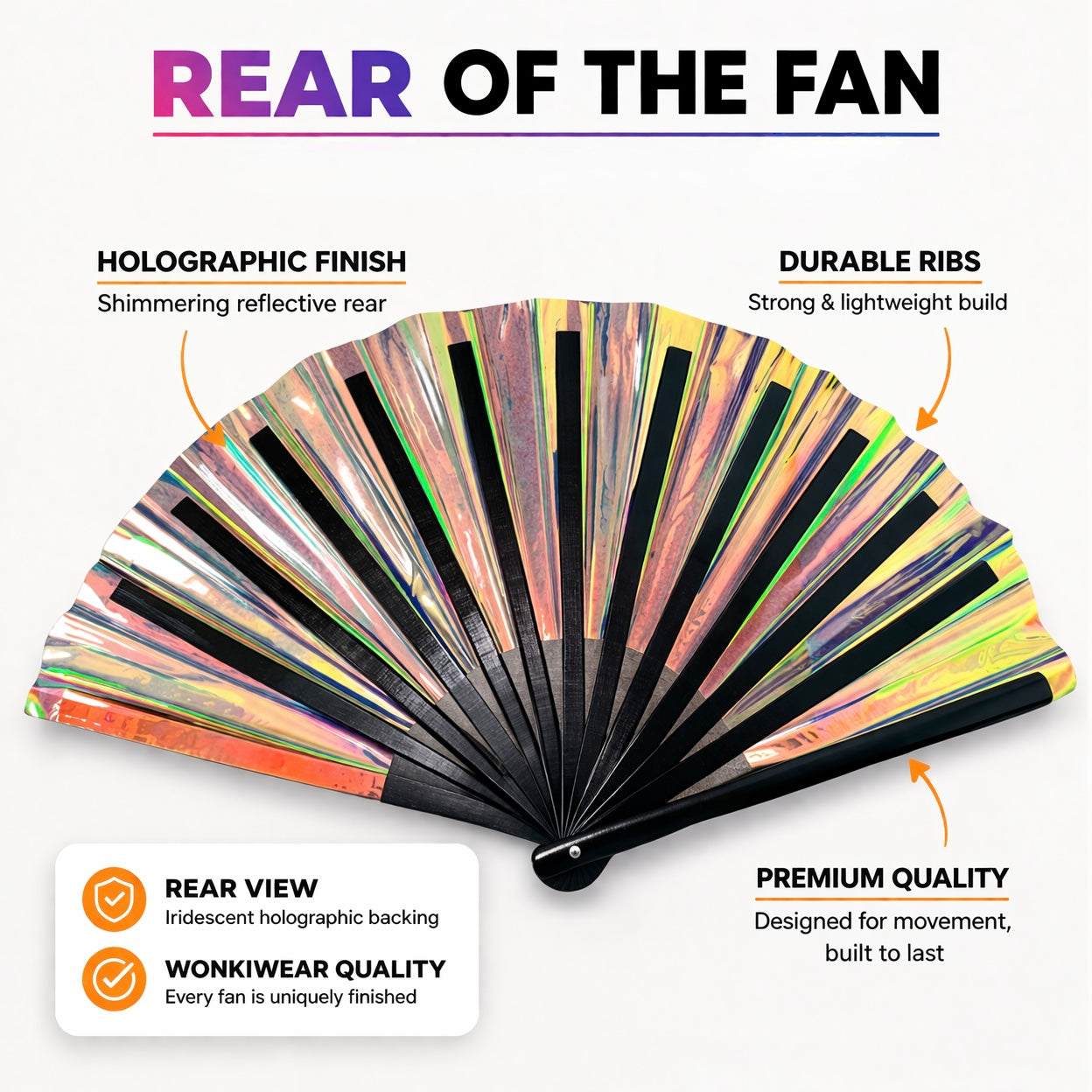 Rear view of iridescent festival fan showing holographic backing and black ribs